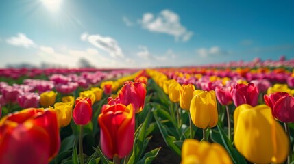 A serene landscape of a tulip field in full bloom, where rows upon rows of flowers create a multicolored mosaic of vivid reds, pinks, yellows, and purples under the bright blue sky