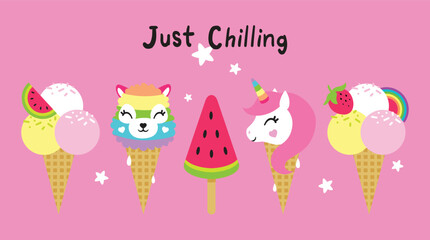 Ice cream cone summer illustration for banners, cards, flyers, social media wallpapers, clothes, girl dress, t-shirts. Food illustration. Cute fruits, food, berry print. Set of ice cream, waffle cone