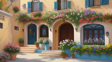 old street in the town Beautiful house with flowers, Mediterranean architecture oil painting on canvas..