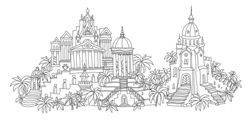 Fairy tale antique castle. Hand drawn black and white architectural sketch for coloring book page