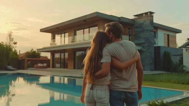 Couple admiring their new modern home with pool at sunset