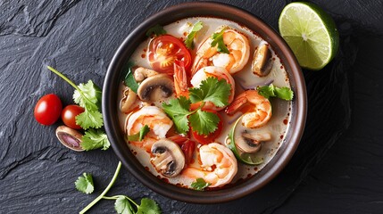 A vibrant bowl of Tom Yum soup with plump shrimp, mushrooms, cherry tomatoes, lemongrass, and lime leaves in a rich, creamy coconut broth. The soup is garnished with fresh cilantro and a wedge of