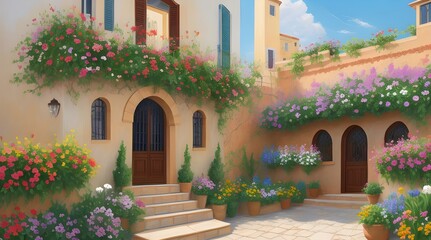 street in the old city Beautiful house with flowers, Mediterranean architecture oil painting on canvas..