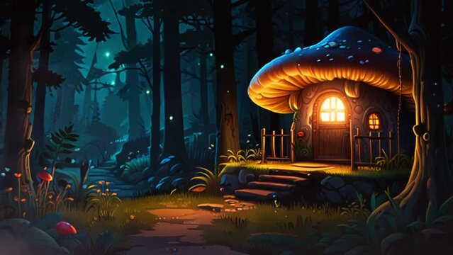mushroom house in the dark forest, in anime or cartoon style. Seamless looping 4k video animation