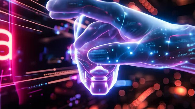 Futuristic digital representation of Sora, a conceptual AI from OpenAI, displaying an intricate interface of neon circuitry and glowing text across a human-like visage