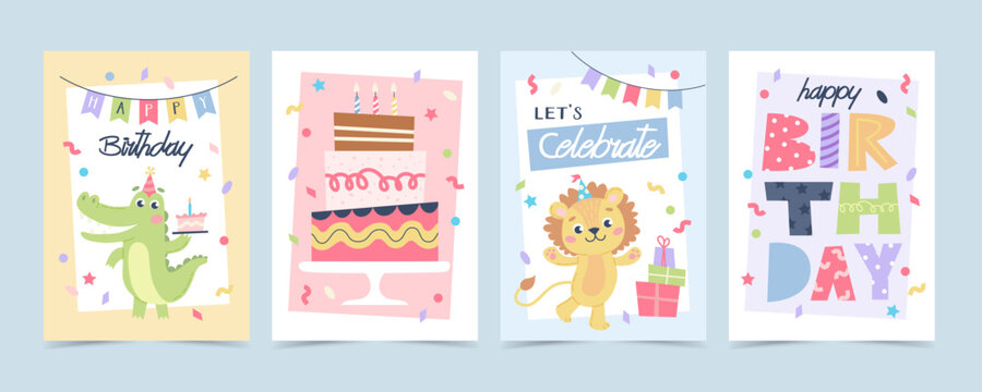 Children s cute greeting card set. Birthday animals with cake, party hats and balloons. Vector illustration template
