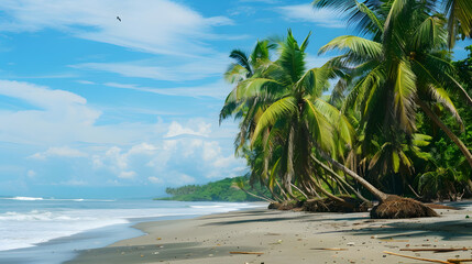 Obraz premium Coconut trees on a pristine beach, their roots firmly preventing coastal erosion, while birds and small animals make their homes among the branches