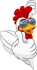 A chicken rooster cockerel bird cartoon character in cool shades or sunglasses peeking around a sign and giving a thumbs up