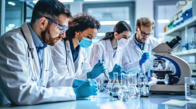 A team of scientists conduct research in a modern laboratory