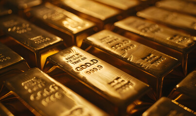 Close-up of gold bars with intricate engravings, reflecting ambient light, symbolizing luxury and stability