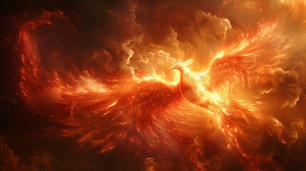 An artistic representation of a phoenix rising from the flames, symbolizing rebirth, renewal, and the transformative power of fire.