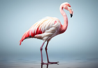 Pink white Flamingo bird walking in search of food on grey background. It is kind of large bird. that like to live together in flocks numbering thousands. Realistic bird clipart template pattern.