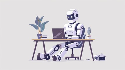 White robot working at laptop in home office
