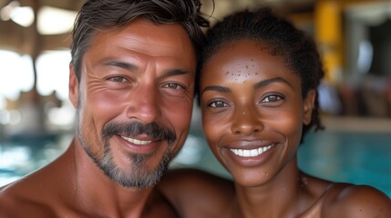 Diverse Couple Enjoying Vacation by the Pool with Happy Smiles and Sunkissed Skin.
