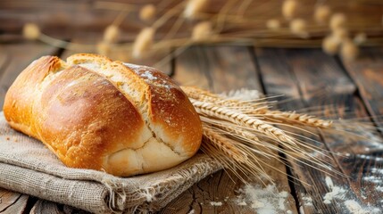 Tasty homemade bread on vintage wooden backdrop