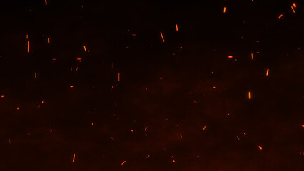 Bright glowing fire particles rising in a fiery sky with smoke. Fire flakes and bonfire background. Fire particles. Hot burning fire sparks and ashes.