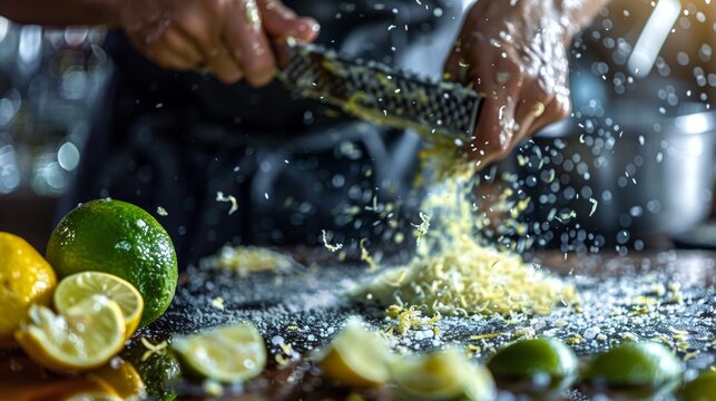 An image of a chef grating zesty, popping zest from a lemon or lime, with the fine zest spiraling out in a vibrant, aromatic shower, adding intense citrus flavor to a dish.