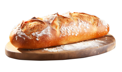 Brown French long stick bread on brown wooden cutting board isolated on cut out PNG or transparent background. Freshly baked baguette Eat with soup, spread with fresh butter, or make sandwich.