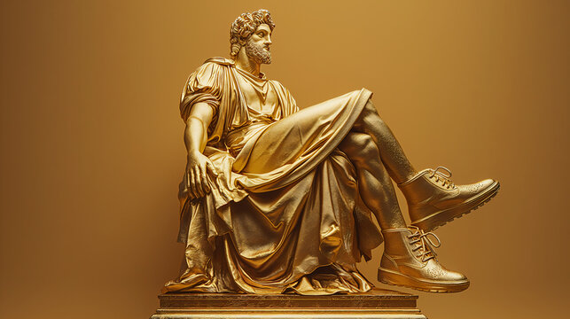 golden greek statue in royal clothes and golden shoes