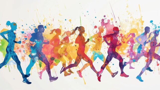 Colorful silhouettes of marathon runners in motion