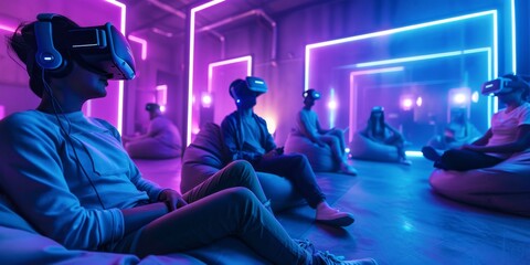 Naklejka premium Group of People Experiencing Virtual Reality In Neon Lit Room