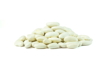 Heap of dried white beans or navy beans or pearl haricot beans or pea beans isolated on white background with clipping path top view flat lay. 