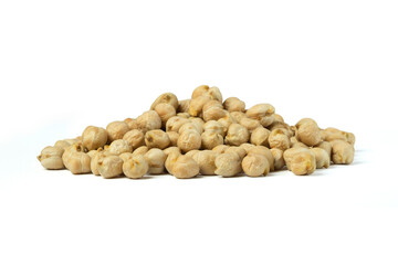 Heap of dried chickpeas isolated on white background with clipping path top view flat lay.