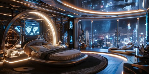 Fototapeta premium Futuristic Bedroom With Cityscape View at Night