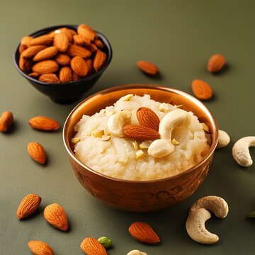 Indian sweet food sooji halwa also called suji ka halwa or rava sheera or ravyacha shira with almonds, cashew in bowl