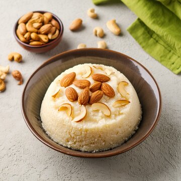 Indian sweet food sooji halwa also called suji ka halwa or rava sheera or ravyacha shira with almonds, cashew in bowl