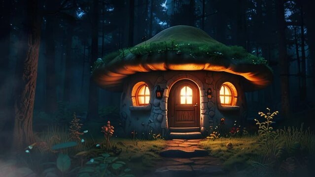 mushroom house in the dark forest, in anime or cartoon style. Seamless looping 4k video animation
