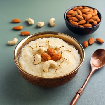 Indian sweet food sooji halwa also called suji ka halwa or rava sheera or ravyacha shira with almonds, cashew in bowl