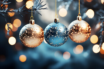 Merry Christmas collection white, blue, gold hanging balls decoration ribbon with snowflake and glitter pearls pattern and on night time blurred in background, objects template, greeting gift card.
