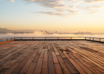 Empty brown wooden floor or table with landscape Mountain covered with thick white sea of ​​fog morning mist with bright sunlight in morning blur background. Abstract Texture. From nature, creativity.