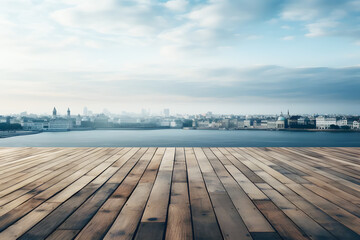 Empty brown wooden planks floor or table. Landscape blurred sea, city and buildings as light white sky in morning and white clouds is background. Realistic clipart template pattern.