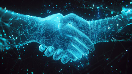 Abstract glowing blue wireframe depicting a business handshake. The image exudes modernity and a technological approach to business interactions.