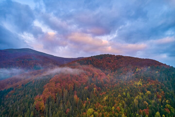 Fog spreads over the mountains at dawn. The sun rises on the horizon. Carpathians in the morning. Aerial drone view.