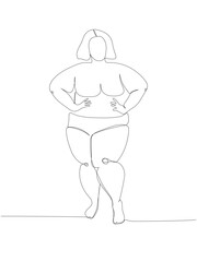 Obese woman in underwear one line art. Continuous line drawing of body positive, overweight, plus size model, XL, health, fashion, self acceptance.