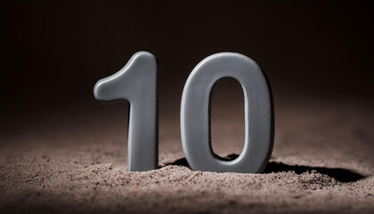 Number 10 made of gray stone isolated with shadow over dark sand.