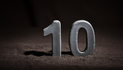 Number 10 made of gray stone isolated with shadow over dark sand.