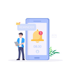 Smartphone with alarm clock reminder message on screen. New notice on the phone. Alert notification with notification bell. Important reminder.