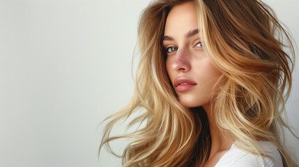 Fototapeta premium Woman showing off her hair in balayage style on a white background. Her hairstyle delights with natural color transitions that gently brighten and enliven her long hair.