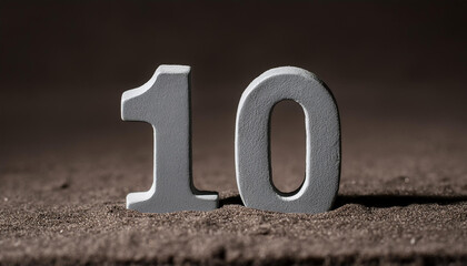 Number 10 made of gray stone isolated with shadow over dark sand.
