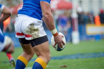 Rugby player holding the ball on a green field, prepared to make a move during an intense match, focusing on athleticism and strategy.