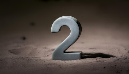 Number 2 made of gray stone isolated with shadow over dark sand. Two, second