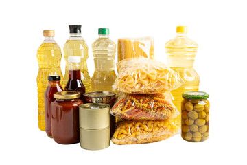 Foodstuff for donation isolated on white background with clipping path, storage and delivery. Various food, pasta, cooking oil and canned food.