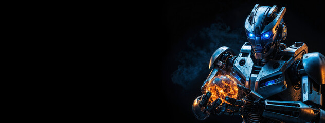 A menacing robot holding a burning earth in its hands on a black background