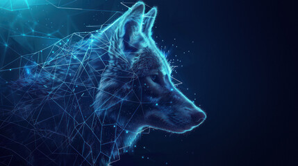Blue digital wolf in profile with sparkling mesh