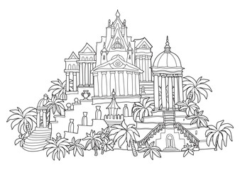 Fairy tale antique castle. Hand drawn black and white architectural sketch for coloring book page
