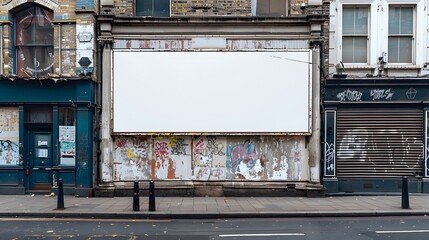 A blank white billboard on the side of an old building in London, England, representing advertising and branding mockups for virtual live event marketing concepts.